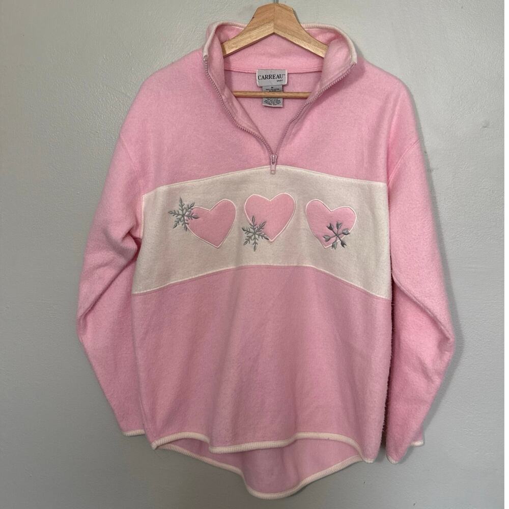 Women's Size M Vintage Y2K Carreau Sport Fleece Pink and White Heart Quarter Zip
